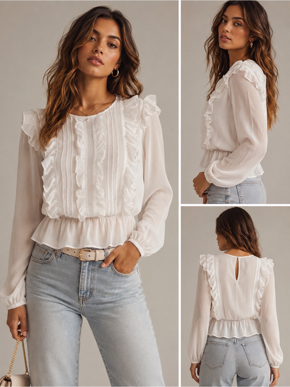 Express White Ruffle Pintuck Peplum Blouse | Size Large | Sheer LongSleeve(1399)